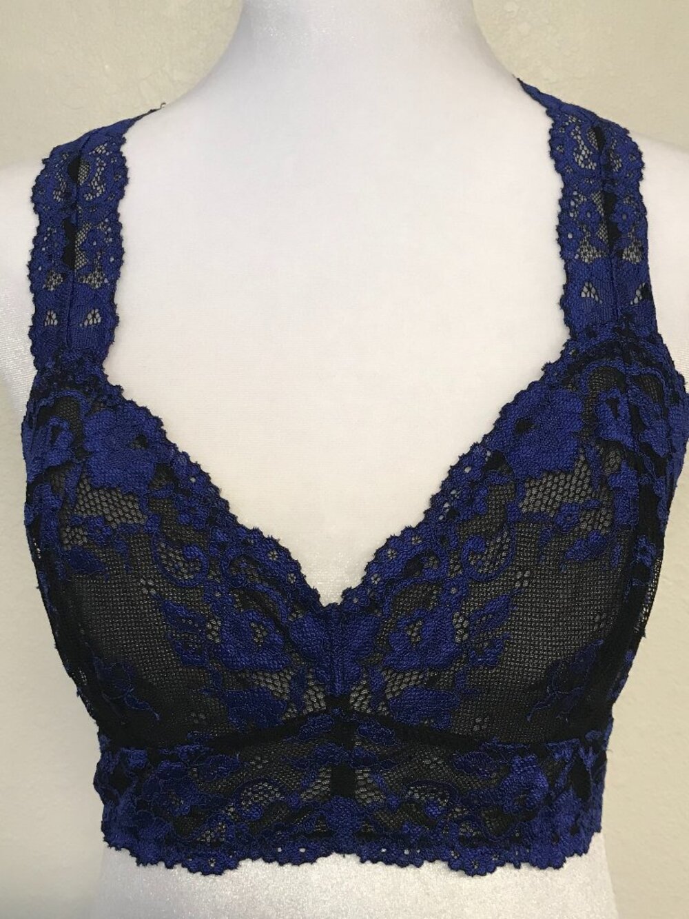 Free People Intimately Lace Bralette M Blue Black Floral Racerback NWOT